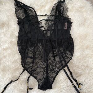Victoria K Black Lace Chemise with Plunging Neckline